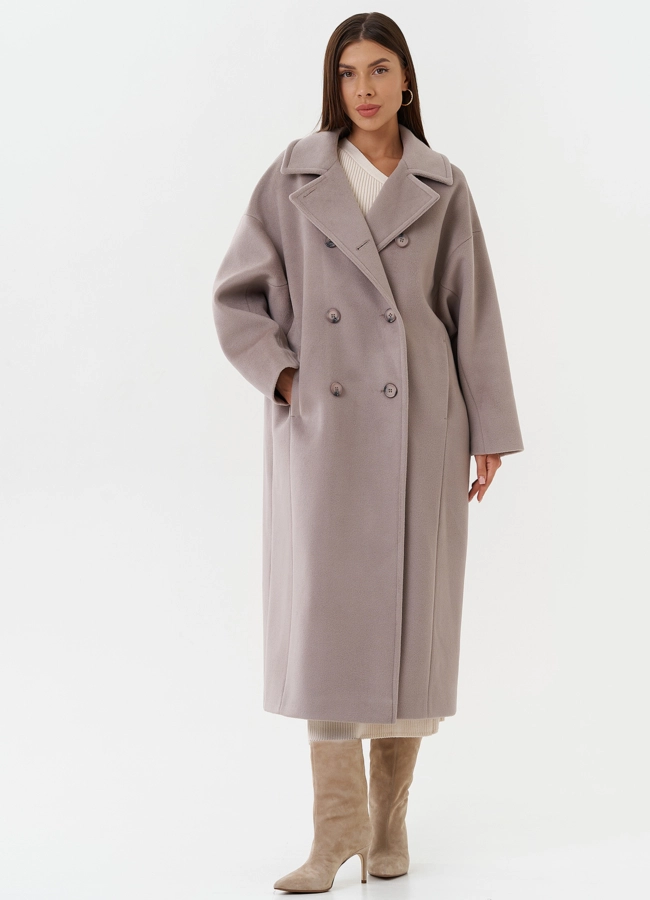 Женское двубортное пальто  модель № 28102 меха малина