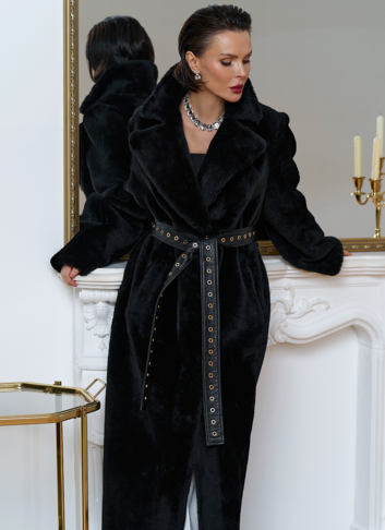 Женская натуральная дубленка с двойным поясом