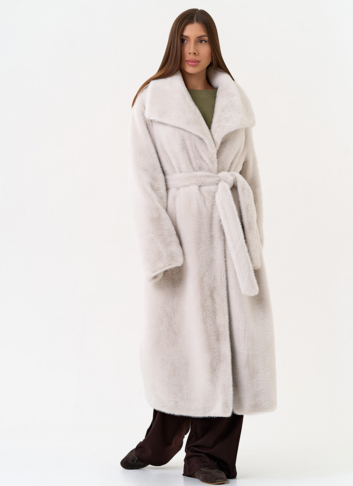 Длинная шуба из эко меха с отложным воротником