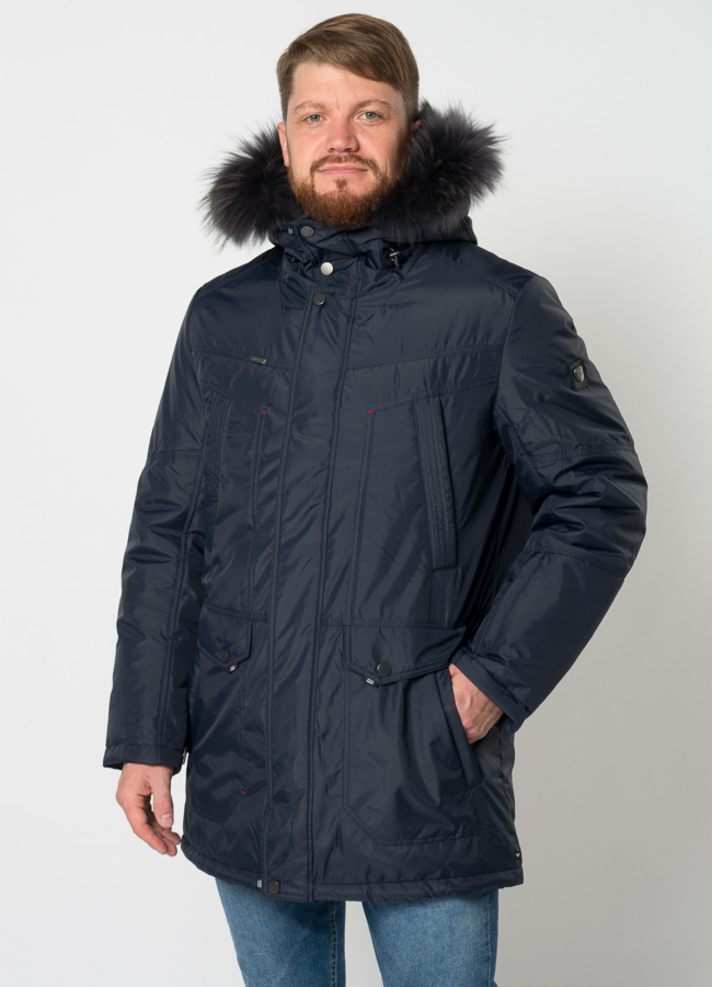 Полупальто мужское синего цвета с отделкой из енота модель № 21709 меха малина