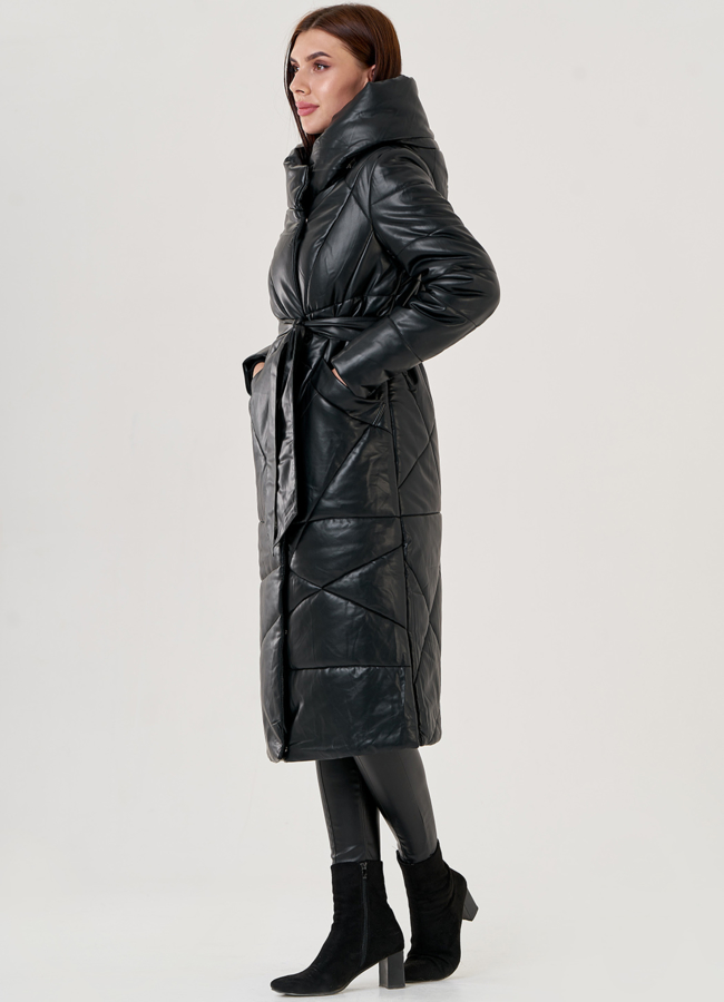 Черный длинный пуховик из эко кожи Malina Siberian модель № 79130 универмаг малина