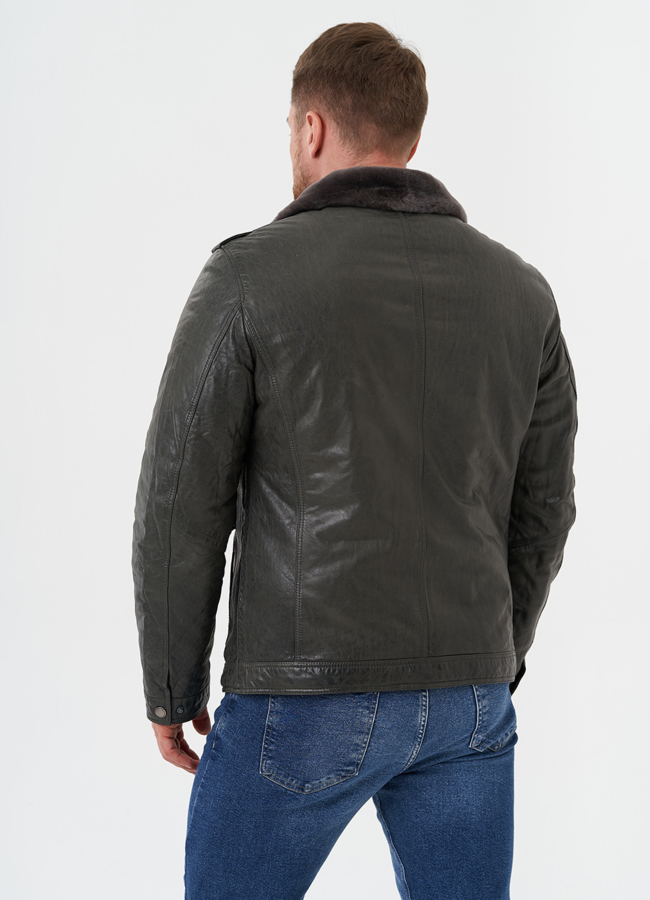 Мужская утепленная кожаная куртка  модель № 28074 универмаг малина