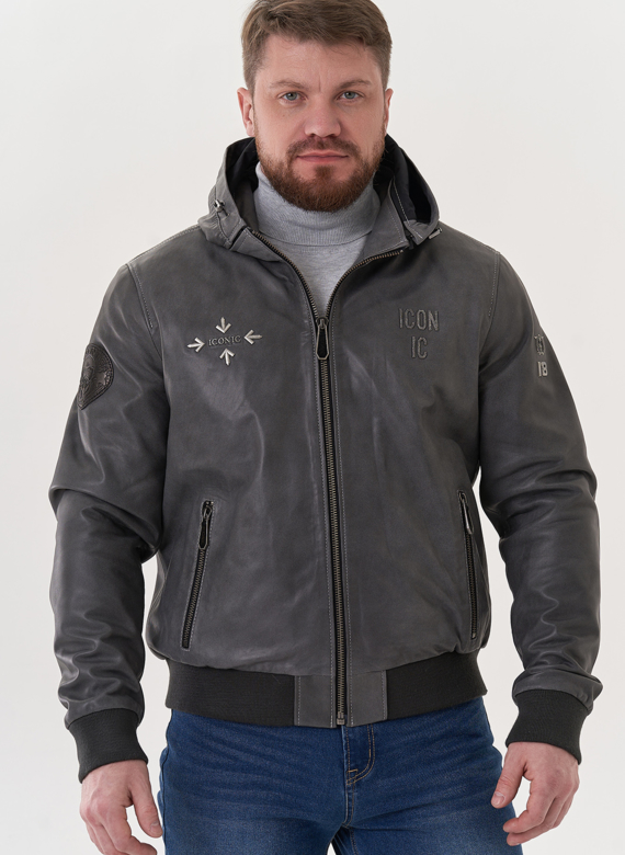 Мужская кожаная куртка "бомбер" с капюшоном