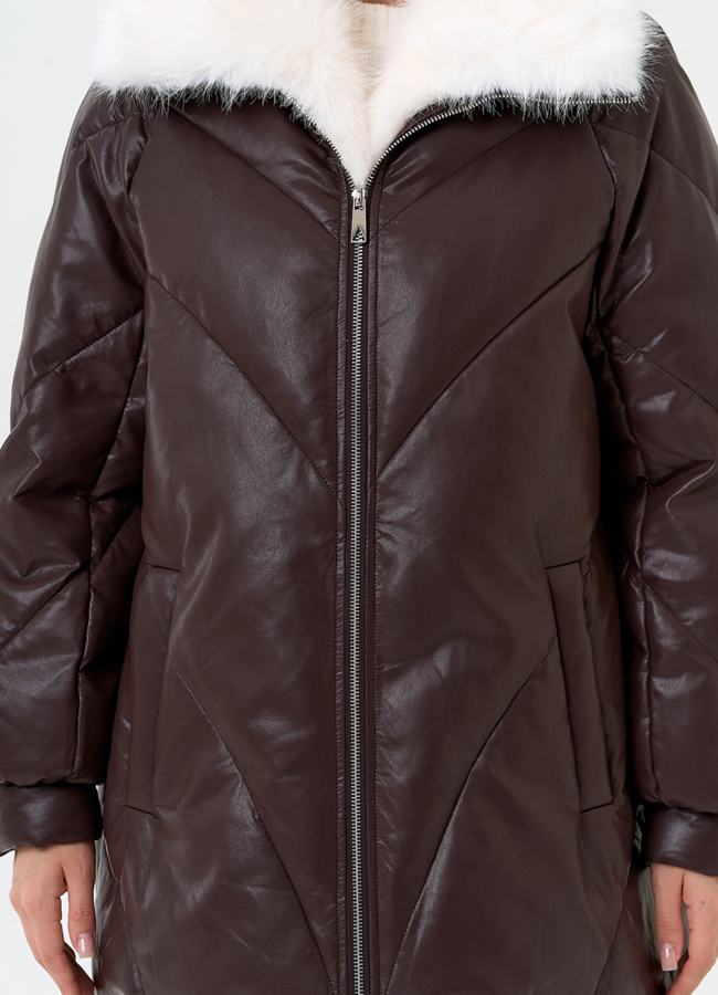Женский пуховик из эко кожи коричневого цвета модель № 30712 универмаг малина