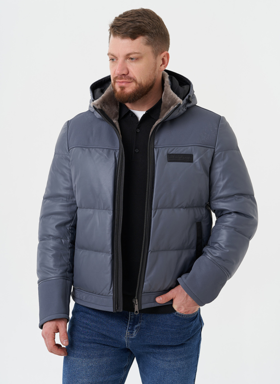 Пуховик из натуральной кожи с капюшоном