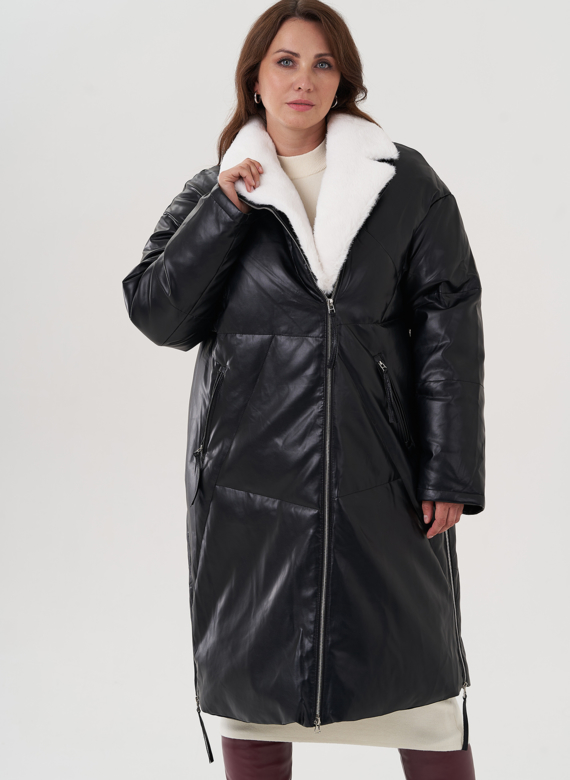 Пуховик женский из эко кожи с английским воротником