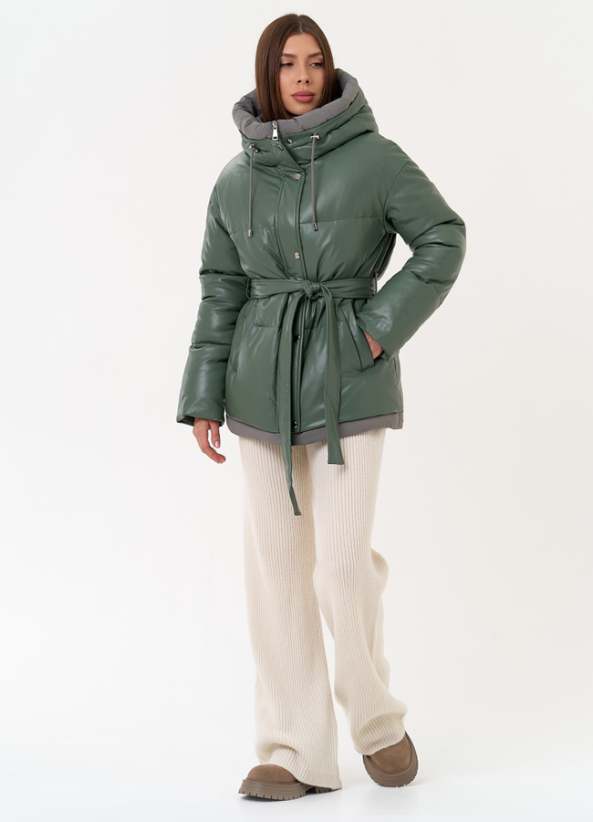 Женский пуховик из эко кожи с поясом модель № 30726 универмаг малина