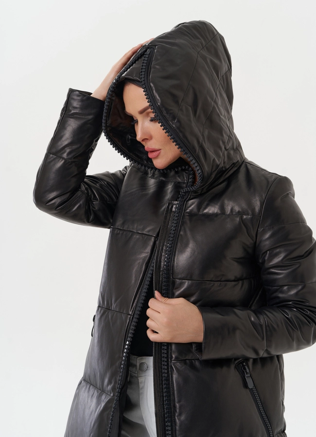 Кожаный пуховик с капюшоном модель № 15013 универмаг малина