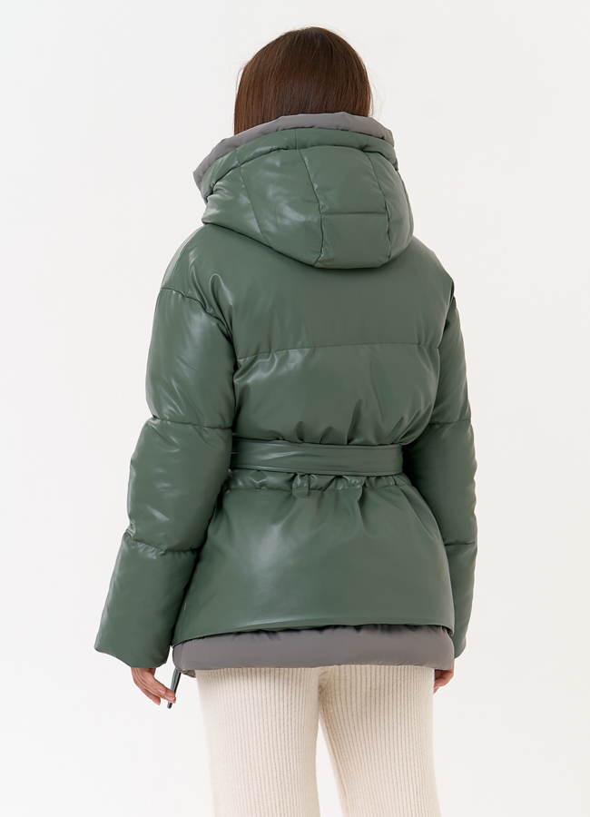 Женский пуховик из эко кожи с поясом модель № 30726 в рассрочку