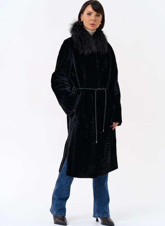 Женская двухстороняя дубленка с воротником из меха чернобурой лисы