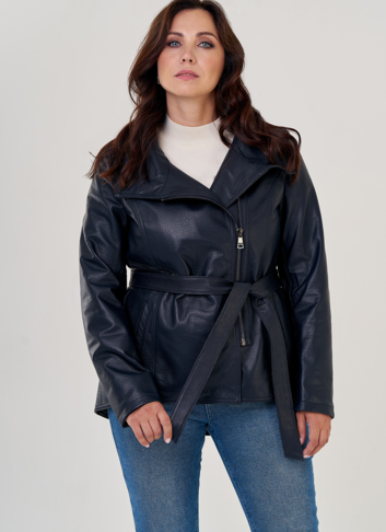 Кожаная куртка на молнии темно-синего цвета 