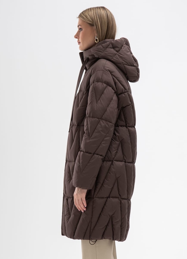 Женский пуховик коричневого цвета с капюшоном модель № 31134 универмаг малина