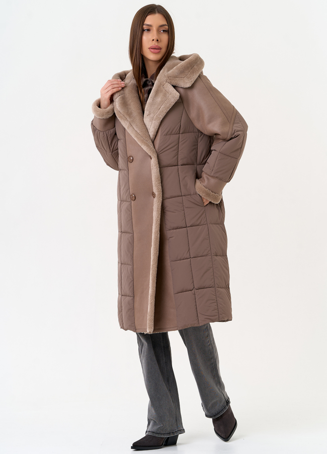 Комбинированный пуховик из эко кожи модель № 31693 универмаг малина