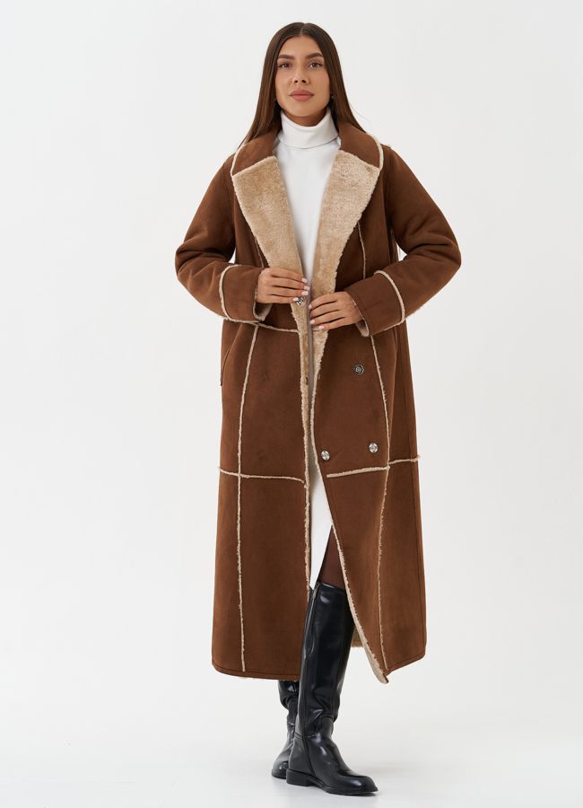 Двухсторонняя дубленка из эко кожи с мехом енота модель № 28562 универмаг малина