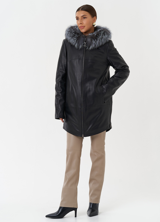 Утепленное полупальто из натуральной кожи с капюшоном  модель № 20201 универмаг малина