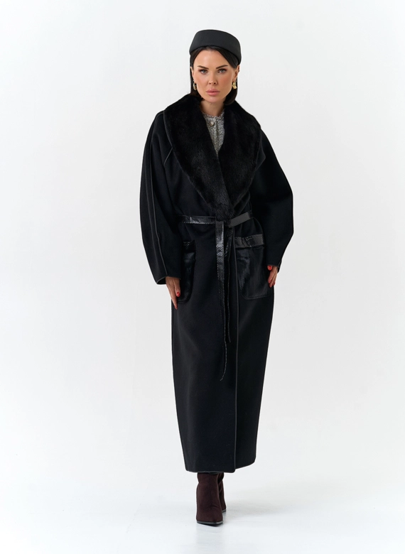 Женское длинное пальто с воротником из меха норки