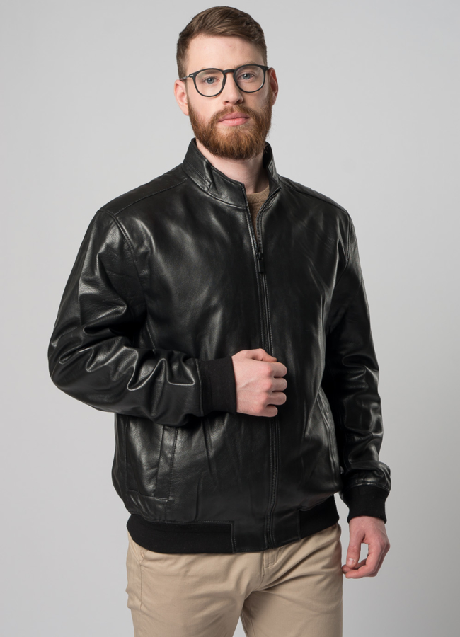 Мужская кожаная куртка на молнии модель № W258 меха малина