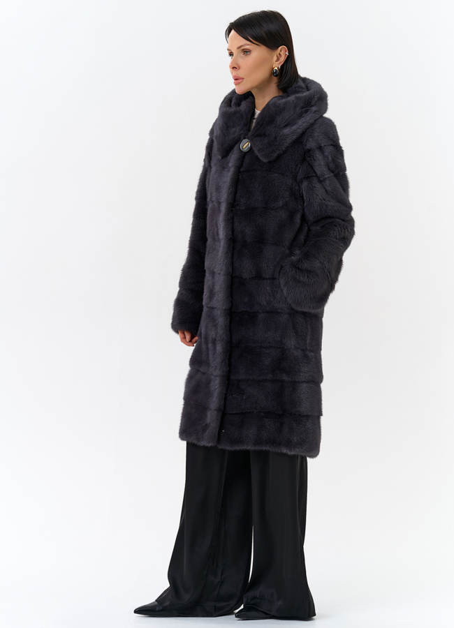 фото Норковая шуба в цвете графит с капюшоном  модель № 24954